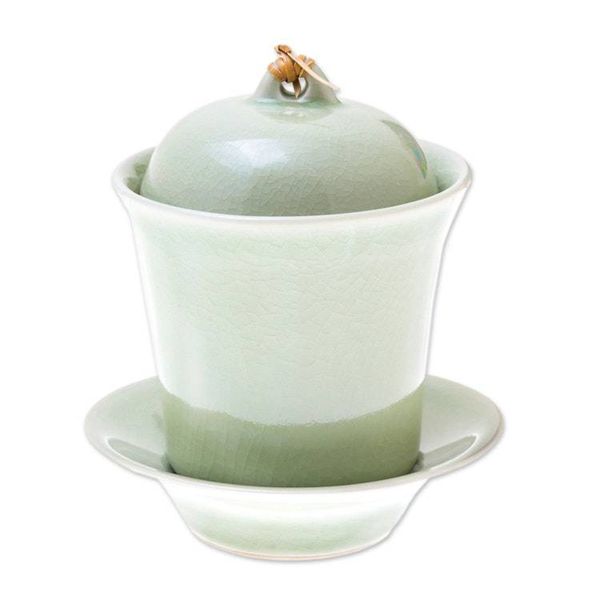 Alternate image for Handcrafted Celadon Green Ceramic Soup Cup Lid Saucer Set Cup of Comfort in Green