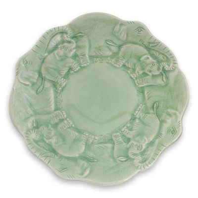 Alternate image for Artisan Crafted Elephant Theme Thai Celadon Ceramic Plate Elephant Family