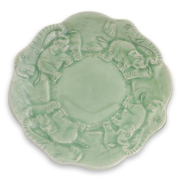 Alternate image for Artisan Crafted Elephant Theme Thai Celadon Ceramic Plate Elephant Family