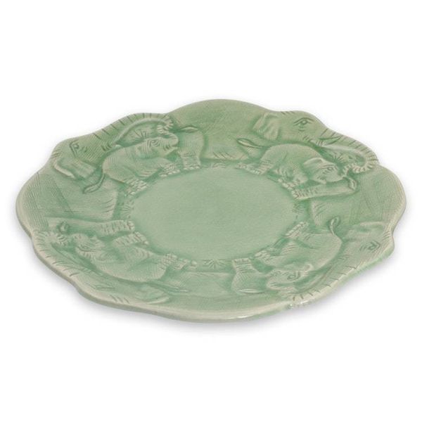 Alternate image for Artisan Crafted Elephant Theme Thai Celadon Ceramic Plate Elephant Family
