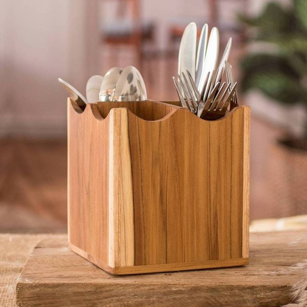 Teak Wood Silverware Server Crafted in Guatemala '100 Organized'