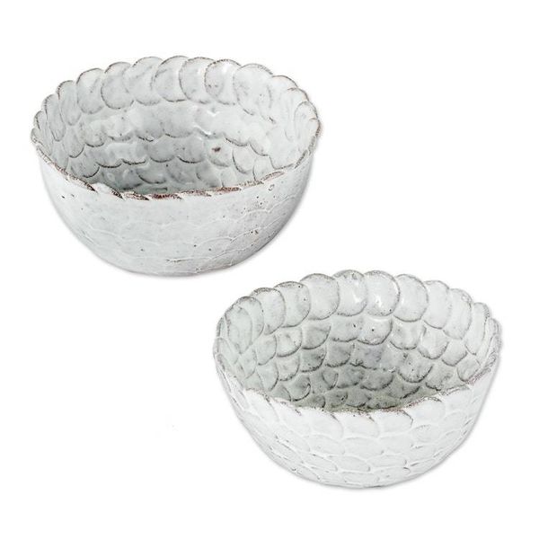 Alternate image for Hand Crafted Small White Ceramic Bowls Pair White Scales