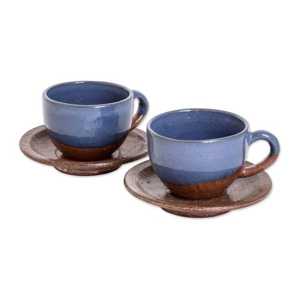 Alternate image for Blue and Brown Ceramic Cups and Saucers Pair Earthy Appeal