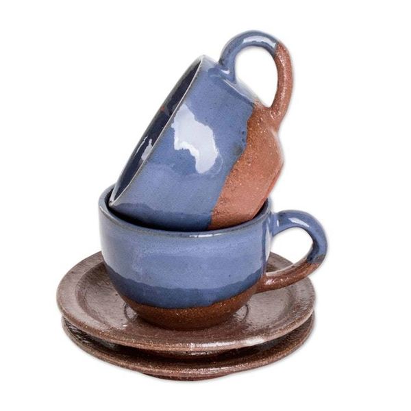 Alternate image for Blue and Brown Ceramic Cups and Saucers Pair Earthy Appeal