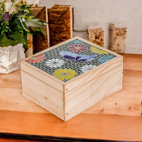 Alternate image for Handcrafted Floral Mosaic Pinewood Tea Box in White Delightful Spring