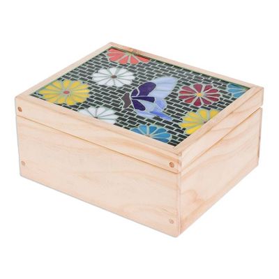 Alternate image for Handcrafted Floral Mosaic Pinewood Tea Box in White Delightful Spring