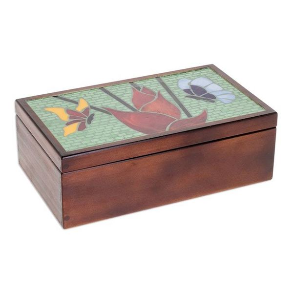 Alternate image for Handcrafted Butterfly-Themed Pinewood Tea Box in Brown Fluttering Visions