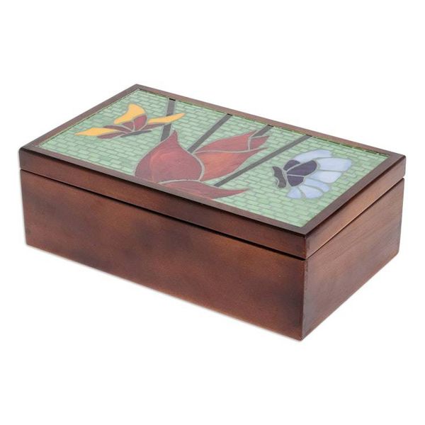 Alternate image for Handcrafted Butterfly-Themed Pinewood Tea Box in Brown Fluttering Visions