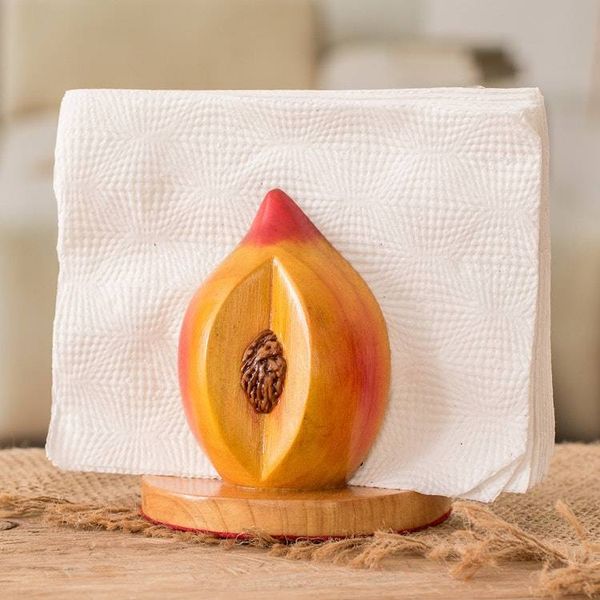 Alternate image for Guatemalan Hand-Carved Painted Wood Peach Napkin Holder Guatemalan Peach