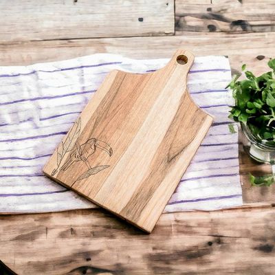 Alternate image for Handcrafted Laurel Wood Cutting Board with Toucan Engraving Toucans Delicacies