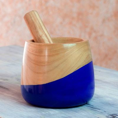 Alternate image for Dip Painted Hand Carved Wood Mortar Spicy Blue