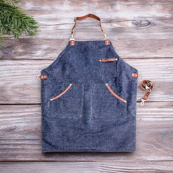 Alternate image for Adjustable Leather-Accented Blue Canvas Apron Culinarily Dapper