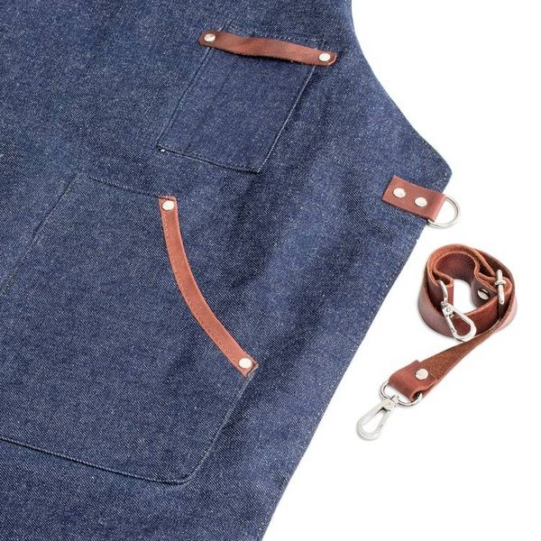 Alternate image for Adjustable Leather-Accented Blue Canvas Apron Culinarily Dapper