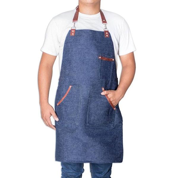Alternate image for Adjustable Leather-Accented Blue Canvas Apron Culinarily Dapper