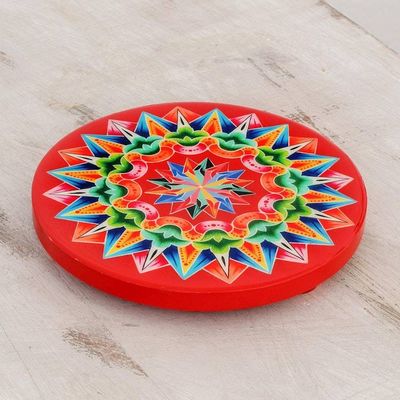Primary image for Decoupage Wood Trivet in Red from Costa Rica Traditional Colors in Red