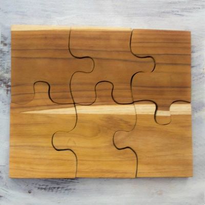 Alternate image for Six Interlocking Eco-Friendly Teak Wood Trivets Puzzle