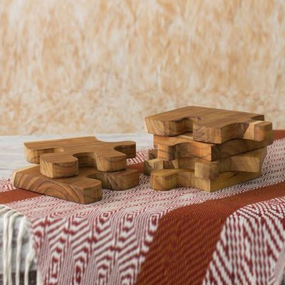 Alternate image for Six Interlocking Eco-Friendly Teak Wood Trivets Puzzle