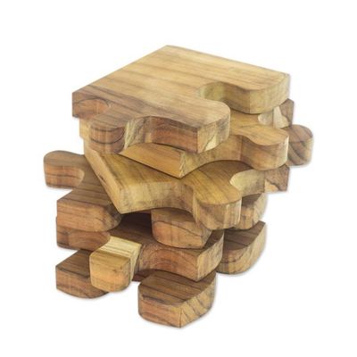 Alternate image for Six Interlocking Eco-Friendly Teak Wood Trivets Puzzle