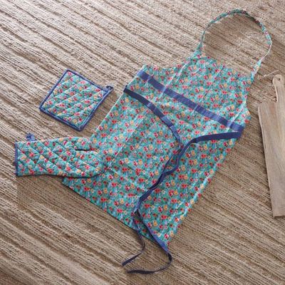 Alternate image for Set of 3 Floral Turquoise Cotton Apron and Kitchen Utensils Floral Flavors