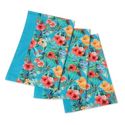Alternate image for Set of 3 Turquoise Cotton Dish Towels with Floral Motifs Floral Affection