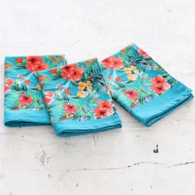 Alternate image for Set of 3 Turquoise Cotton Dish Towels with Floral Motifs Floral Affection