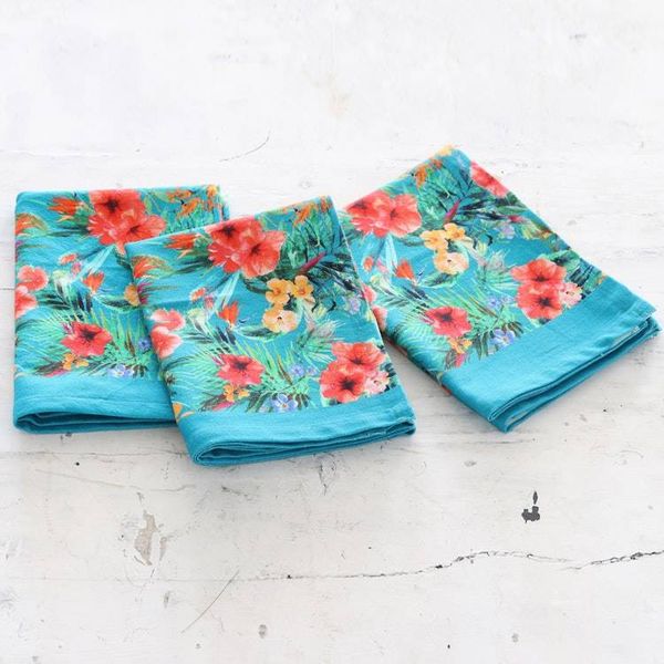 Alternate image for Set of 3 Turquoise Cotton Dish Towels with Floral Motifs Floral Affection