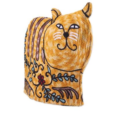 Alternate image for Cat-Shaped Embroidered Wool Tea Cozy in Yellow from India Delightful Cat in Yellow