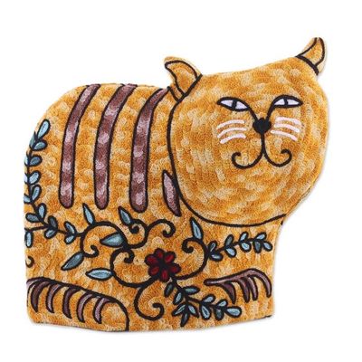 Alternate image for Cat-Shaped Embroidered Wool Tea Cozy in Yellow from India Delightful Cat in Yellow