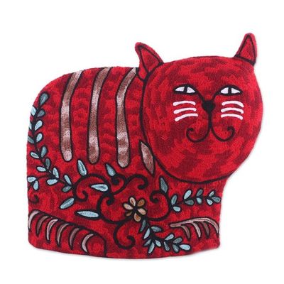 Alternate image for Cat-Shaped Aari Embroidered Wool Tea Cozy in Red from India Delightful Cat in Red