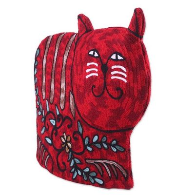 Alternate image for Cat-Shaped Aari Embroidered Wool Tea Cozy in Red from India Delightful Cat in Red