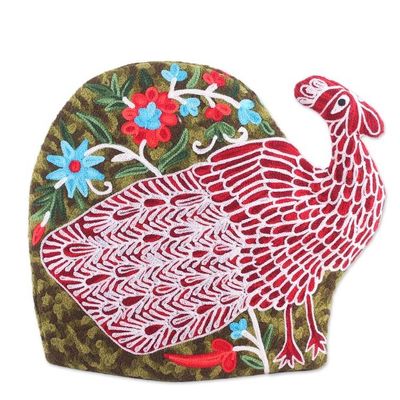 Alternate image for Peacock-Shaped Aari Embroidered Wool Tea Cozy from India Peacock Strut