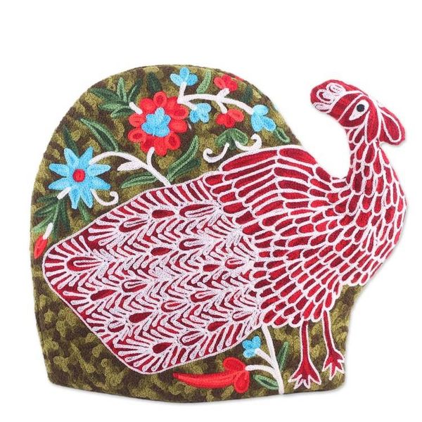 Alternate image for Peacock-Shaped Aari Embroidered Wool Tea Cozy from India Peacock Strut