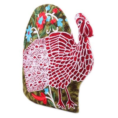 Alternate image for Peacock-Shaped Aari Embroidered Wool Tea Cozy from India Peacock Strut