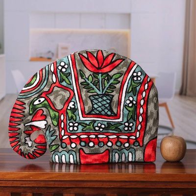 Alternate image for Indian Chain Stitched 100 Wool and Cotton Elephant Tea Cozy Marching Elephant in Orange