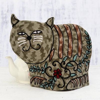 Alternate image for Cat-Shaped Aari Embroidered Wool Tea Cozy in Grey from India Delightful Cat in Grey