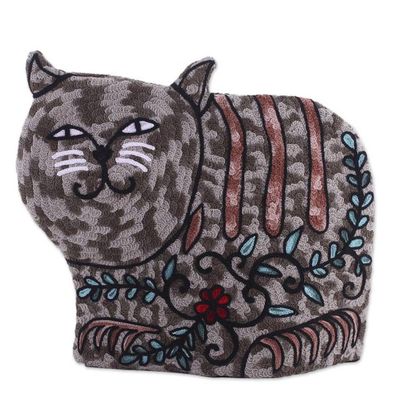 Alternate image for Cat-Shaped Aari Embroidered Wool Tea Cozy in Grey from India Delightful Cat in Grey