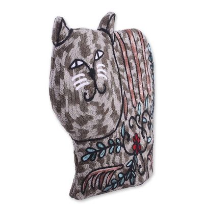 Alternate image for Cat-Shaped Aari Embroidered Wool Tea Cozy in Grey from India Delightful Cat in Grey