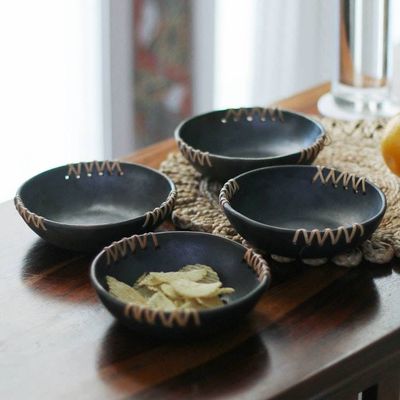 Alternate image for Set of 4 Handcrafted Round Black Ceramic Bowls Classic Saga