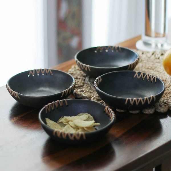 Alternate image for Set of 4 Handcrafted Round Black Ceramic Bowls Classic Saga