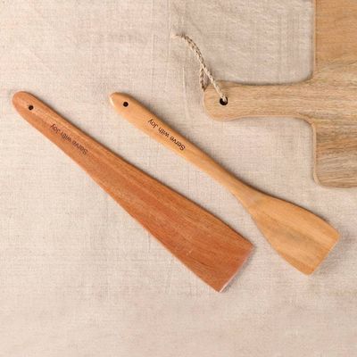 Alternate image for Indian-Made Hand-Carved Set of 2 Polished Neem Wood Spatulas Serve with Joy