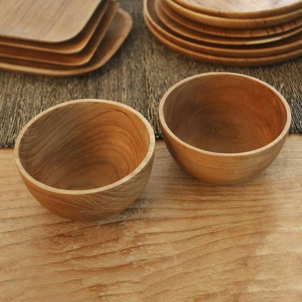 Hand Made Teak Wood Dinner Bowls from Bali Pair 'Dinner Duo'