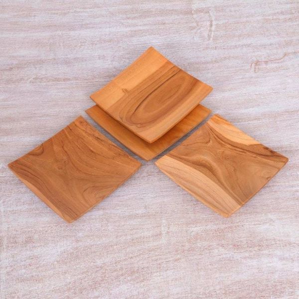 Alternate image for Handmade Square Teak Wood Plates from Bali Set of 4 Fine Meal