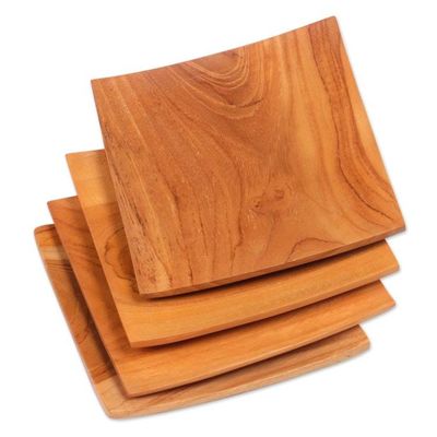 Alternate image for Handmade Square Teak Wood Plates from Bali Set of 4 Fine Meal