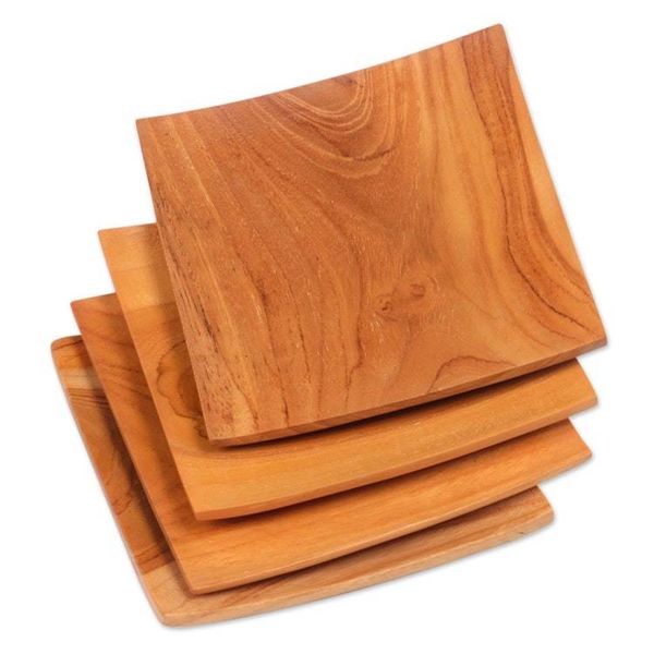Alternate image for Handmade Square Teak Wood Plates from Bali Set of 4 Fine Meal