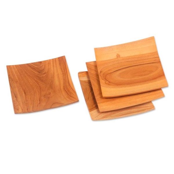 Alternate image for Handmade Square Teak Wood Plates from Bali Set of 4 Fine Meal