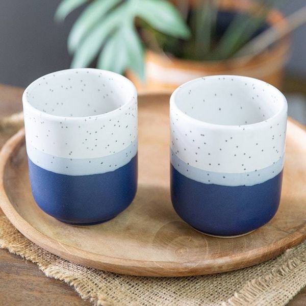 Alternate image for Set of 2 Speckled Ceramic Cups in Blue and White Hues Snowy Midnight