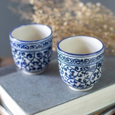 Alternate image for Set of 2 Handcrafted Classic Ceramic Cups in Blue and White Palatial Mornings