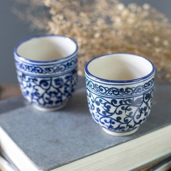 Alternate image for Set of 2 Handcrafted Classic Ceramic Cups in Blue and White Palatial Mornings