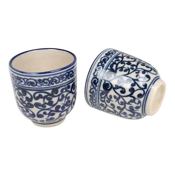 Alternate image for Set of 2 Handcrafted Classic Ceramic Cups in Blue and White Palatial Mornings