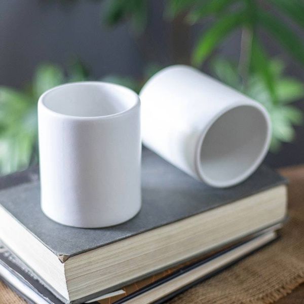 Alternate image for Set of 2 Handcrafted Minimalist White Ceramic Cups from Bali Enjoy the Day